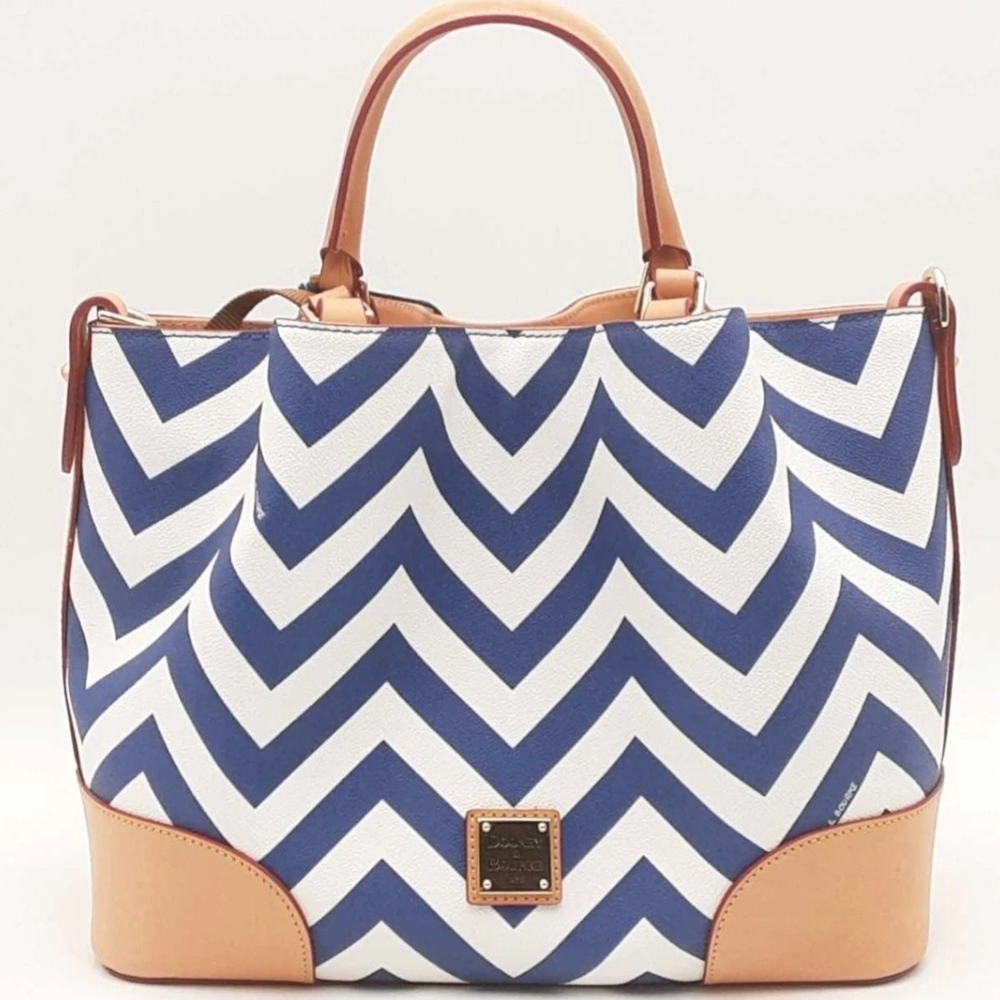 NWT CHEVRON BRENNA Dooney & Bourke Blue and Tan Chevron Tote